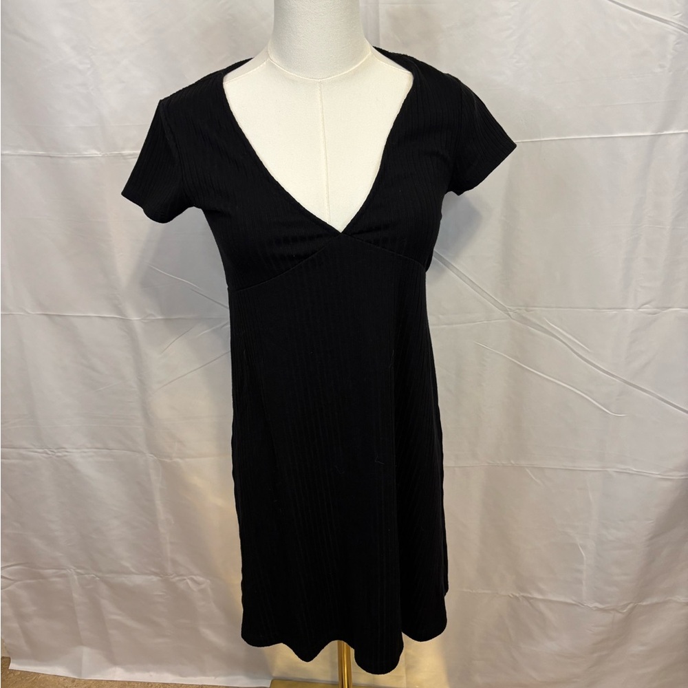 Forever 21 Black Ribbed V-Neck Mini Dress – Size Small – Y2K 90s Minimal‎